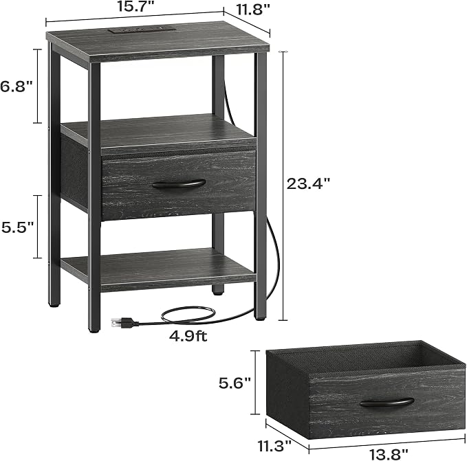 SUPERJARE Nightstand with Charging Station, USB-C Port, Bedside Table | Night Stand for Bedroom, with Adjustable Fabric Drawer, 3-Tier Storage End Table, for Living Room
