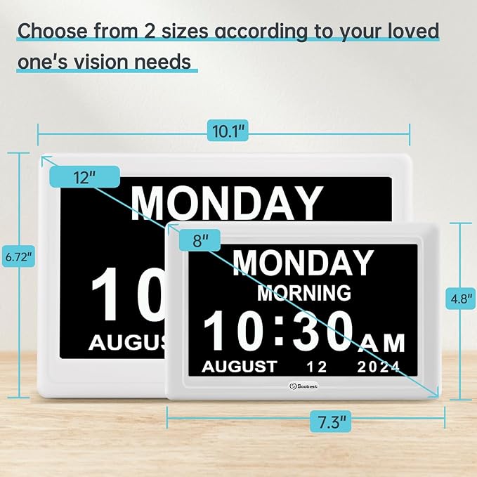 Soobest 12” Dementia Digital Clock for Seniors Extra Large, 20 Alarm Reminders Date Day Time Display for Elderly Memory Loss Alzheimers, Electric Calendar Clock, Auto DST, 1024 * 600P HD