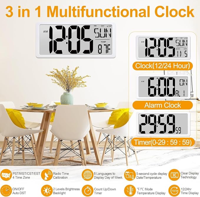 18.5" Extra Large Atomic Clock with Backlight Digital Wall Clock Battery Operated with Charging Function Jumbo LCD Display Clock Time/Calendar/Temperature for Wall Bedroom Classroom