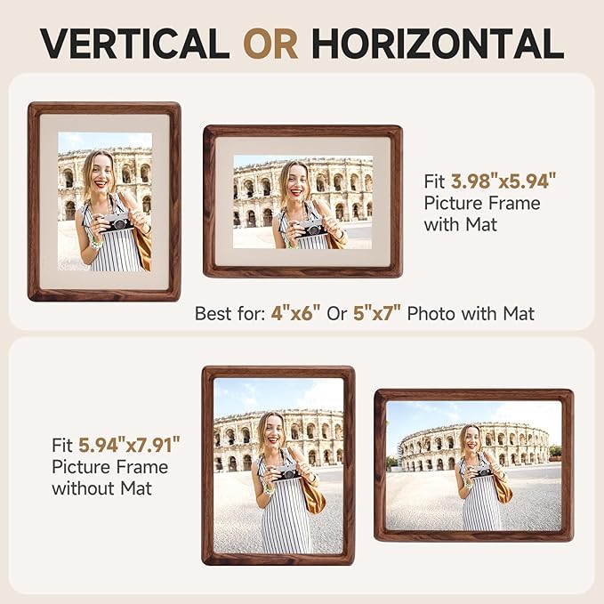 Solid American Black Walnut Picture Frame 5x7 4x6, Natural Wood Tabletop Photo Frame with Decorative Joinery Corners, Horizontal or Vertical Display (Walnut, For 5x7 / 4x6 Photo)