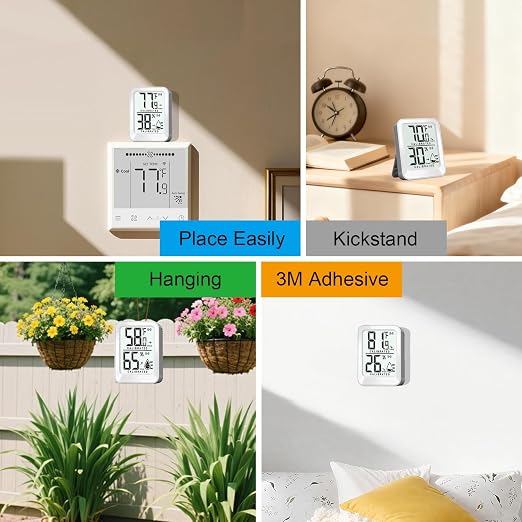 AyayaBoss 3 Pack Room Thermometer Indoor Hygrometer | Mini Size, Monitor Temperature & Humidity, Accurate Fast Read, Easy To View, Kickstand/Hanging/Wall Adhesive, ℉/℃, w/ Battery