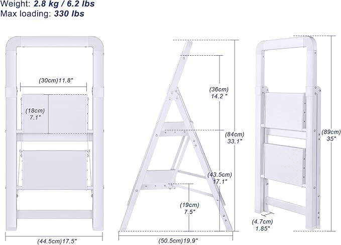 Step Ladders Folding 2-Step White Finish Aluminum Foldable Step Stool,Anti-Slip Portable Sturdy for Home & Kitchen Office 330 lbs