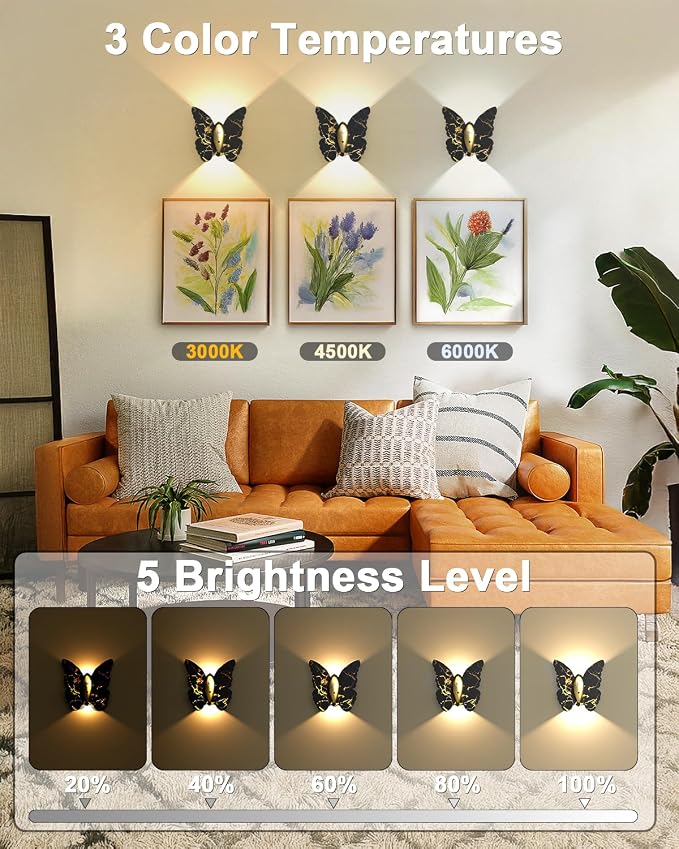 Eneru Motion Sensor Wall Sconce Set of 2, Rechargeable Wall Lights, Indoor | 5000mAh Battery Operated Wall Sconces, Magnetic Butterfly Motion Night Light for Hallway Stair Closet Pantry, Black & Gold