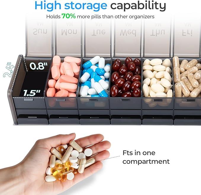 Daviky Extra Large Weekly Pill Organizer 2 Times a Day, XXL Pill Box 7 Day with AM PM Large Compartments, BPA-Free Daily Medicine Case, Jumbo Pill Holder for Fish Oils, Vitamins & Supplements
