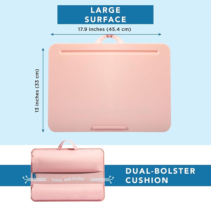 LAPGEAR The Original Lap Desk – Rose Quartz, Fits 17" Laptops | Microbead Cushion, Device Ledge, Built-In Pencil Tray, Carry Handle