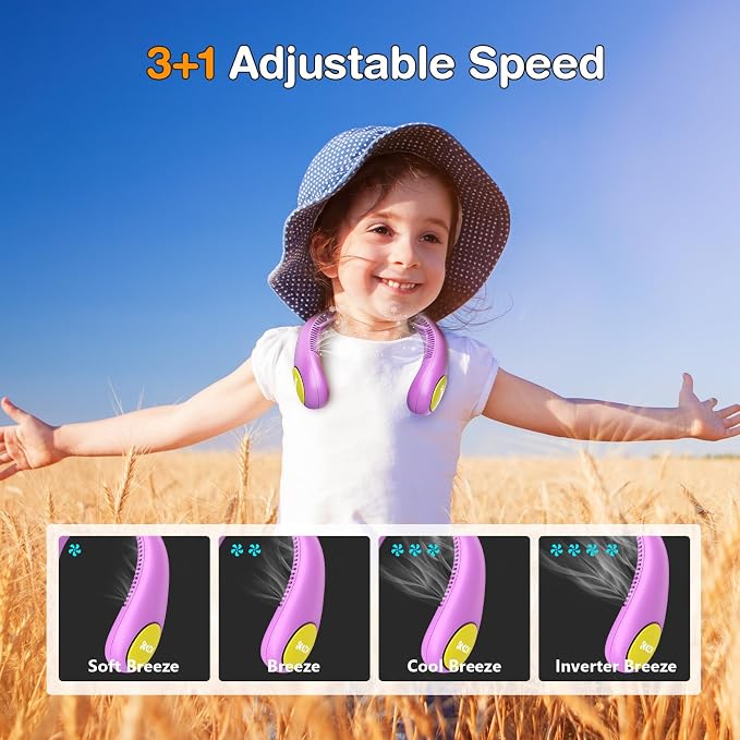 Kids Neck Fan, Portable Bladeless Fans for Kid 4-14Y Girls & Boys, 2600mAh USB Personal Mini Cooling Fan for Travel/Camping/Study, 4 Speeds, Lightweight, Compact, Perfect Summer Gifts for Kids