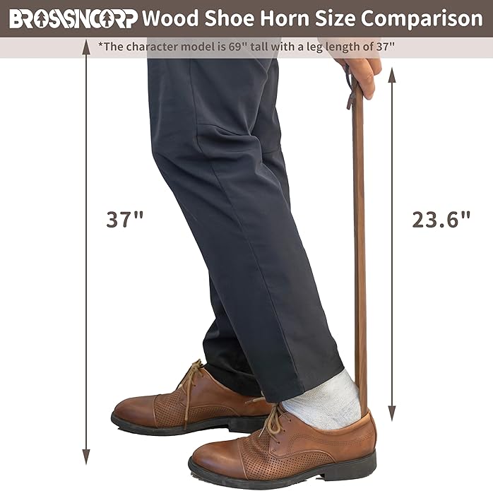 Wooden Shoe Horn Long Handle For Seniors 23.6" Easy Wear Helper Shoehorns Women Kids Baby Elderly Hanging Rings