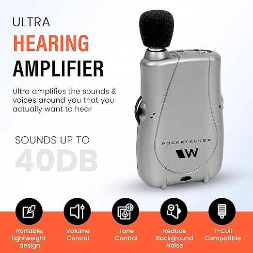 Williams Sound Pocketalker Ultra Hearing Amplifier | Easy-to-Use Hearing Amplifier for Seniors | Year Supply of Batteries | Amplified Sound Assistive Listening Device with Headphones for Elderly | Hearing Assist Earbuds