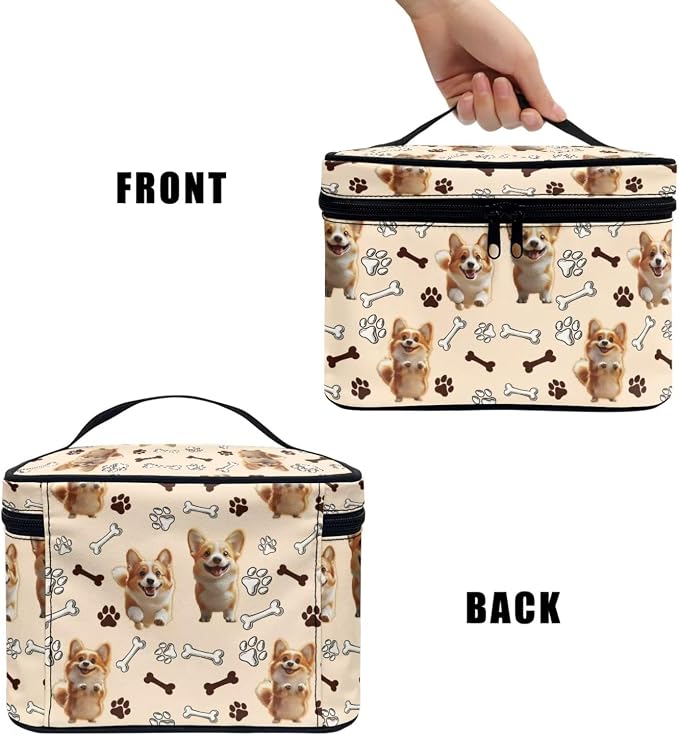 Cartoon Corgi Dogs Travel Makeup Bag for Women, Kawaii Puppy Paws Large Capacity Makeup Bag Zipper Multi-function Cosmetic Travel Bag, Brown