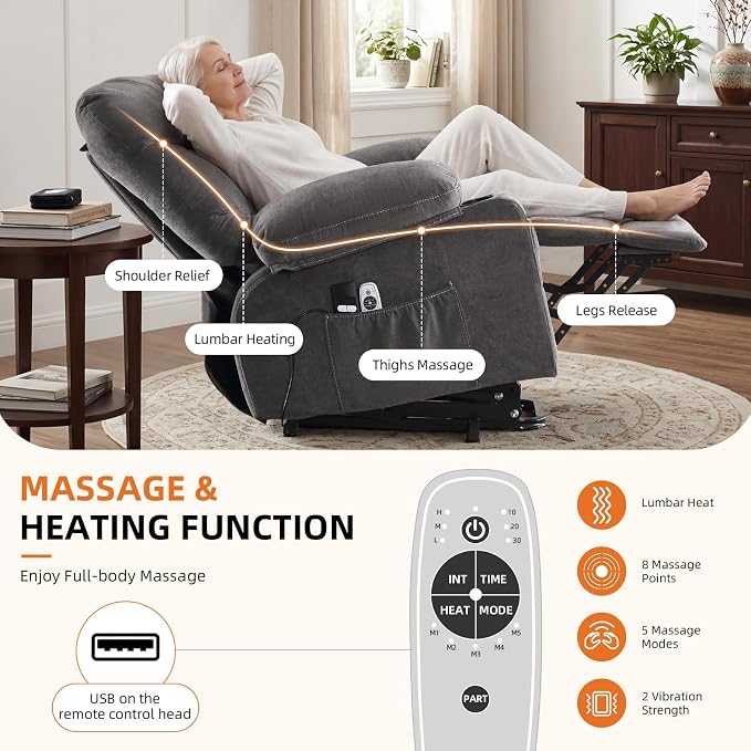Power Lift Recliner Chair for Elderly with Vibration Massage and Lumbar Heating Electric Recliner Sofa with Cup Holders and USB Charge Port for Living Room Comfort,Pale Grey