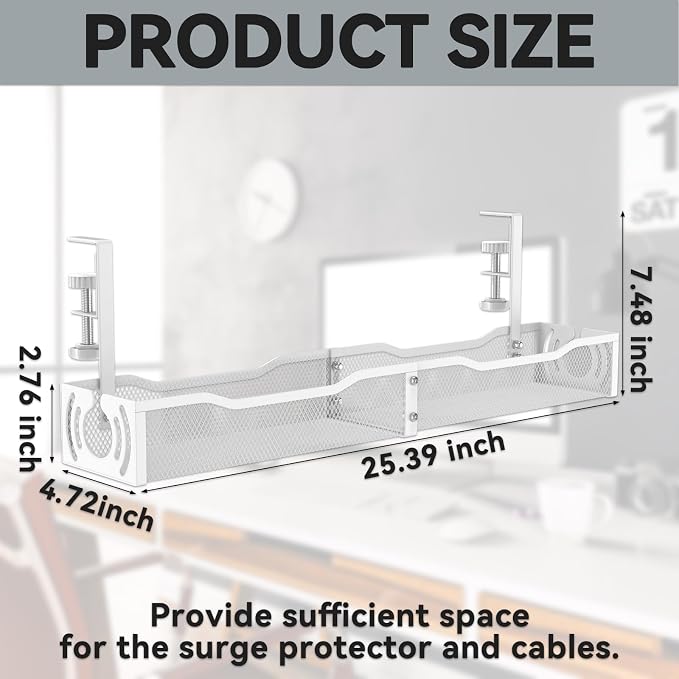 Cable Management, 25.3'' Under Desk Cable Management Tray No Drill, Metal Cable Organizer with Clamp for Wire Management, Cord Organizer for Home Office, Desk Accessories Organizer, White