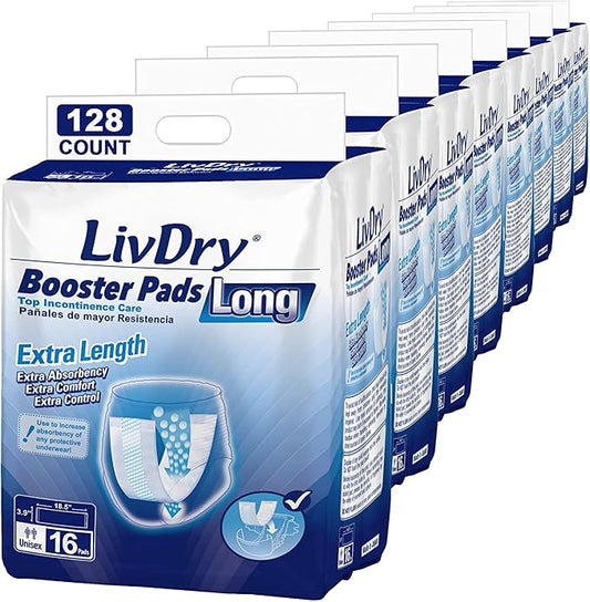 LivDry Incontinence Booster Pads, Use with Adult Diapers for Women and Men, Extra Comfort Softness, Disposable Pad (128 Count, Long Length)