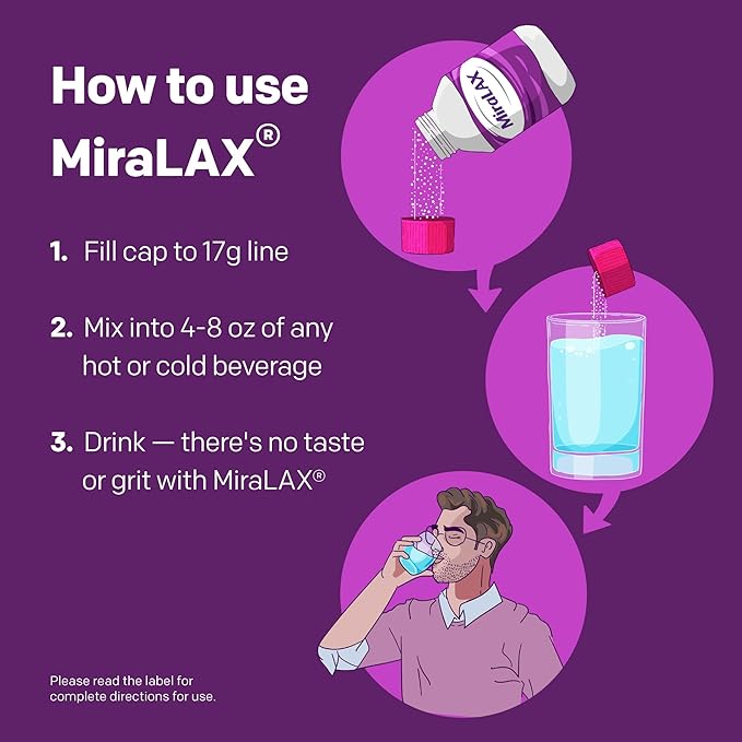 MiraLAX Laxative Powder, Gentle Constipation Relief for Adults, Stool Softener with PEG 3350, Nonstimulant Laxative, No Harsh Side Effects, Osmotic Laxative, 45 Dose