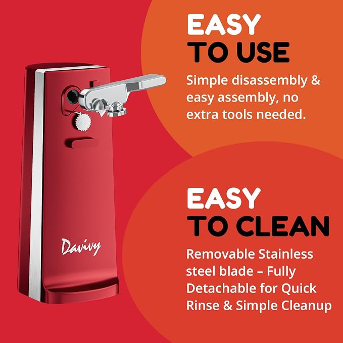 Davivy Electric Operated Can Opener for One Millet Opener, Removable Stainless Steel Cutter and 3-in-1 Design with Knife Sharpener and Bottle Opener (ABS-Red)
