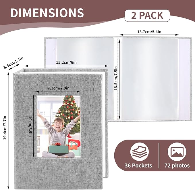 vivinin 2 Pack Photo Album 5x7, Linen Cover Photo Book, Small Photo Album Book for 36 Pockets Hold 72 Pictures, Picture Book for Photos Family Anniversaries Baby Vacations (Gray)