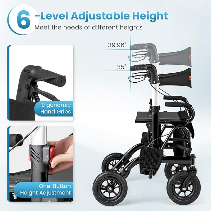 Goplus Walkers for Seniors with Seat, 2 in 1 Folding Rolling Rollator Walker & Wheelchair Combo with Brakes, 9" Pneumatic Tires for All Terrain, Aluminum Adult Mobility Walking Aid