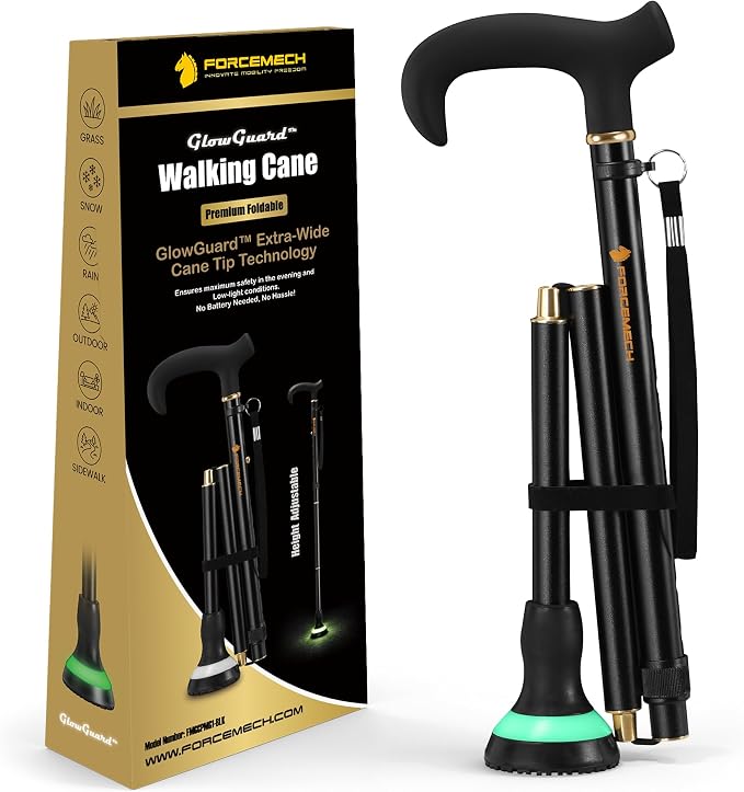 GlowGuard Walking Cane for Men & Women - Extra-Wide 2.68" Glow Cane Tip with Photoluminescent Ring, Height Adjustable (31.1" to 37.8"), 350 lbs Capacity