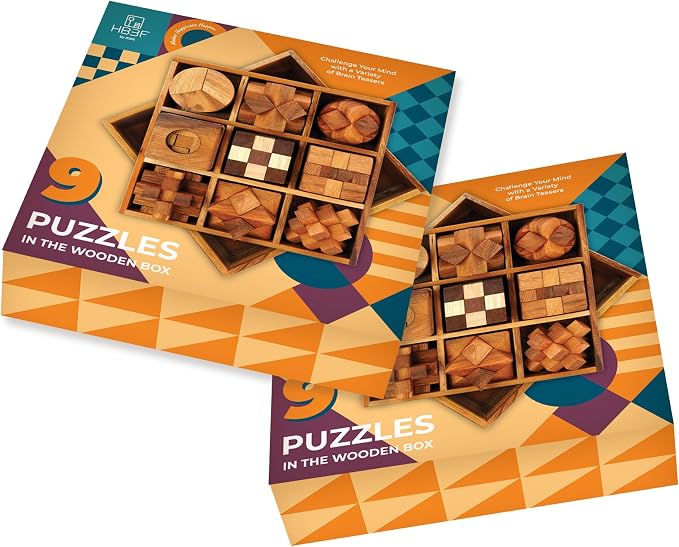 BSIRI 9 in 1 Wooden Brain Teaser Puzzles for Adults Teens Box Set Wood Hard Level 10 Impossible Mind Wood Brain Teaser Games 3D Hand Puzzle Sets for Decoration and Mini Toys