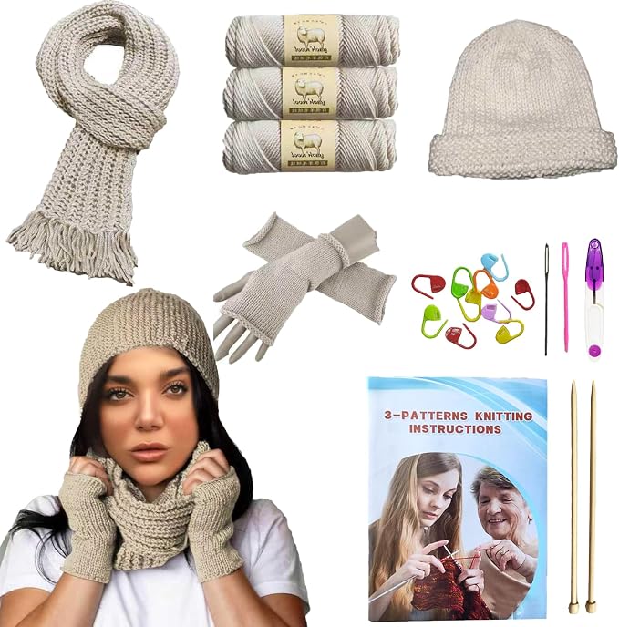 Kaaper Beginner Knitting Kit for Adults, Learn to Knit Crochet Starter Kit in Khaki with Scarves, Hats & Gloves Knitting Includes Wool Yarn, Knitting Needles, & Stitch Markers (Khaki)
