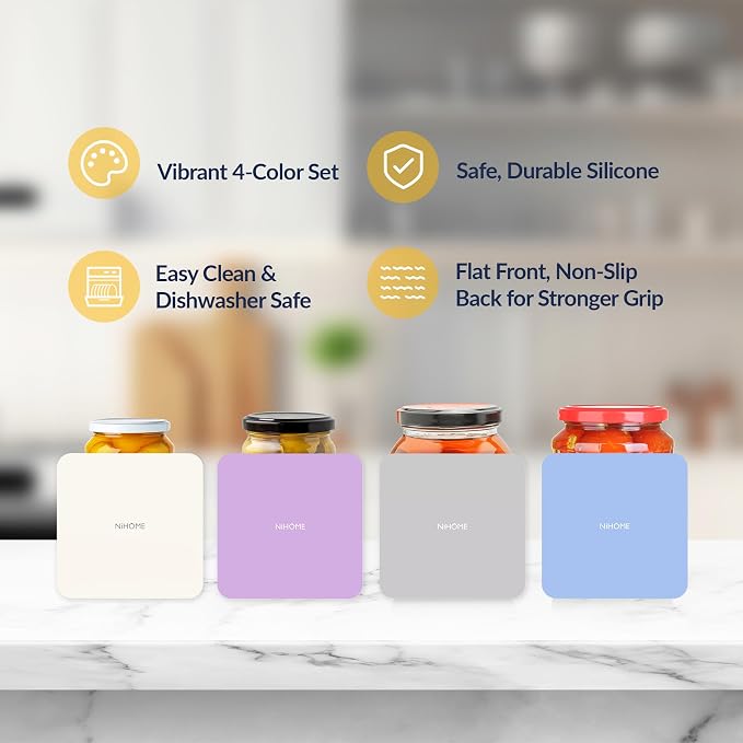 NIHOME Silicone Jar Opener – 6 Inch Large Anti-Slip Grip Pads, Premium 100% Food-Grade Silicone, Stylish Designer Colors, Multi-Purpose Heat-Resistant Mat & Coaster, Set of 4 (Morandi Colors, Square)