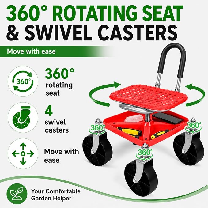 Rolling Garden Seat with Wheels, Adjustable Garden Scooter Stool with Backrest,Garden Cart with Tool Storage Tray & Backpack, Gardening Work Seat for Weeding, Planting, Yard Work (Without Backpack 2)