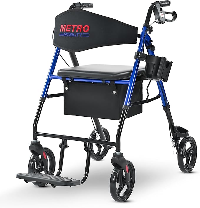 Metro Mobility 2 in 1 Rollator Walker & Transport Wheelchair, Foldable Lightweight Rollator Walker with Seat, 8" Big Wheels for All Terrain, 300 lb. Weight Capacity, Blue