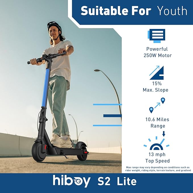 Hiboy S2 Lite Electric Scooter - 6.5" Solid Tires - Up to 10.6 Miles Long-Range & 13 MPH Portable Folding Commuting Kick-Start Boost Scooter for Teens