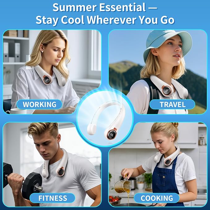 BNBZ Portable Neck Fan, 6000mAh Rechargeable Fan Blows Cold Air with LED Display, 4 Speeds, 20H Runtime, Quiet Wearable 360° Personal Cooling Fan for Outdoor Travel Work Gym,Fireplace Fans-White