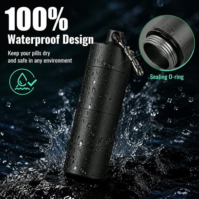 Portable Keychain Pill Holder Case, EFFIET 3 Compartments Metal Pocket Emergency Pill Container Dispenser Box Outdoor Medicine Bottle Tin for Daily Supplyment (Black)