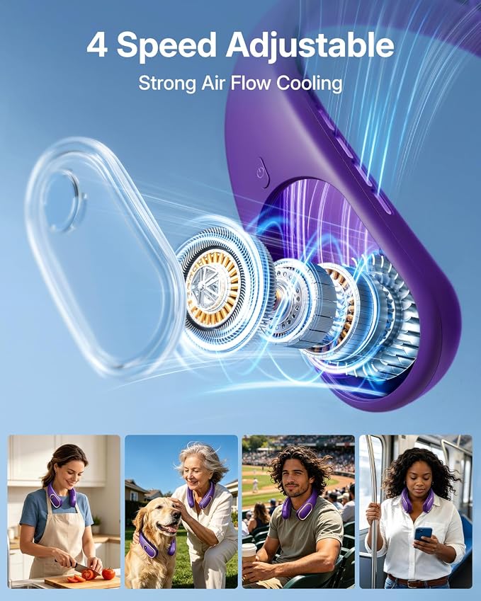 SHEWIND Portable Neck Fan - 5000mAh Rechargeable Hands-Free Wearable Fan | 4 Speeds, Bladeless & LED Display | Personal Cooling Fan for Travel, Outdoors, Camping - Purple