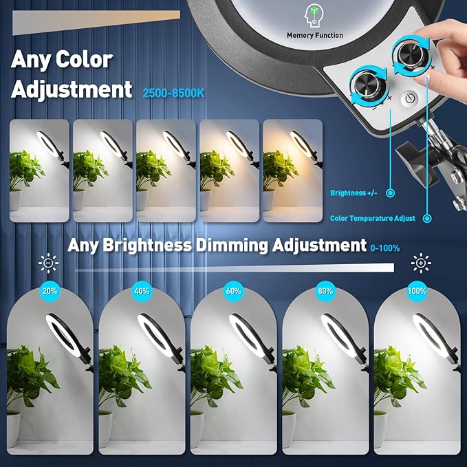 KIRKAS 12X Magnifying Glass with Light and Stand, Any Color Modes & Stepless Brightness LED Magnifying Lamp with Clamp, 2-in-1 Magnifier Glass Lens Desk Lamp for Crafts Hobby Reading Close Work