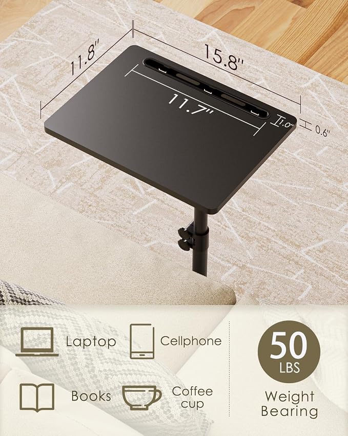 Masupu Sofa Arm Tray Table - 360° Swivel Height Adjustable End Table, Small Snack Side Table for Couch, C Shaped Table for Bed, Chair or TV Tray Table(Black)