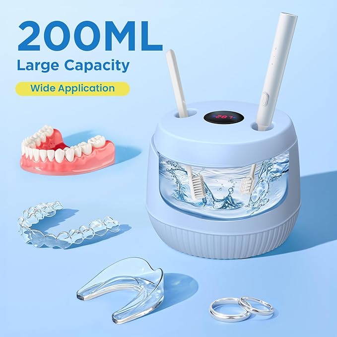 Dental Ultrasonic Retainer Cleaner Machine - Dental Cleaning Pod for Denture, Mouth Guard, Aligner, Night Guard, Braces, Toothbrush Heads, Jewelry, 45kHz Retainer Cleaner with Digital Timer & 200ML