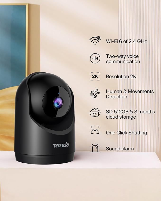 Tenda 2K Indoor Security Camera for Baby Monitor, WiFi 6 Pet/Dog Camera for Home Security, 360° Pan/Tilt, 2-Way Audio, Motion Detection, Night Vision, Cloud & SD Card Storage, Black(CP3-V3.0)