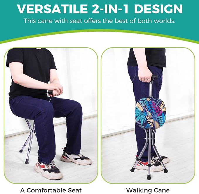 Folding Cane with Seat,Adjustable Walking Stick for Seniors,Lightweight Walking Cane with LED Light,Height Adjustment Cane Seat,Portable Cane Chair,Sturdy Crutches Stool,Supports up to 250 lbs