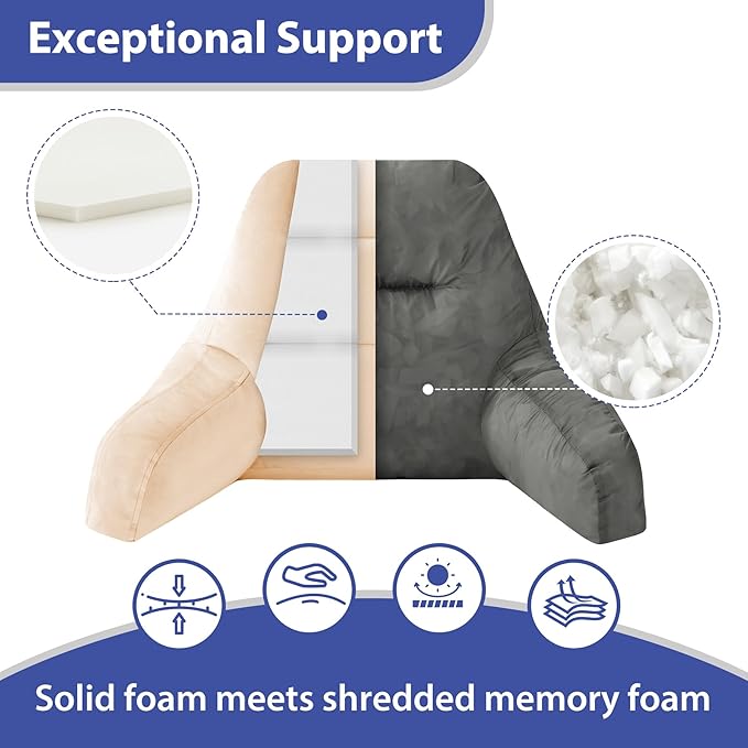 Reading Pillows for Sitting in Bed Adult, Back Pillow for Bed Sitting Up, Backrest Pillows with Shredded Foam for Adult&Teens, Support Pillow with Arms for Beds, Couch, Floor, 18in, Beige