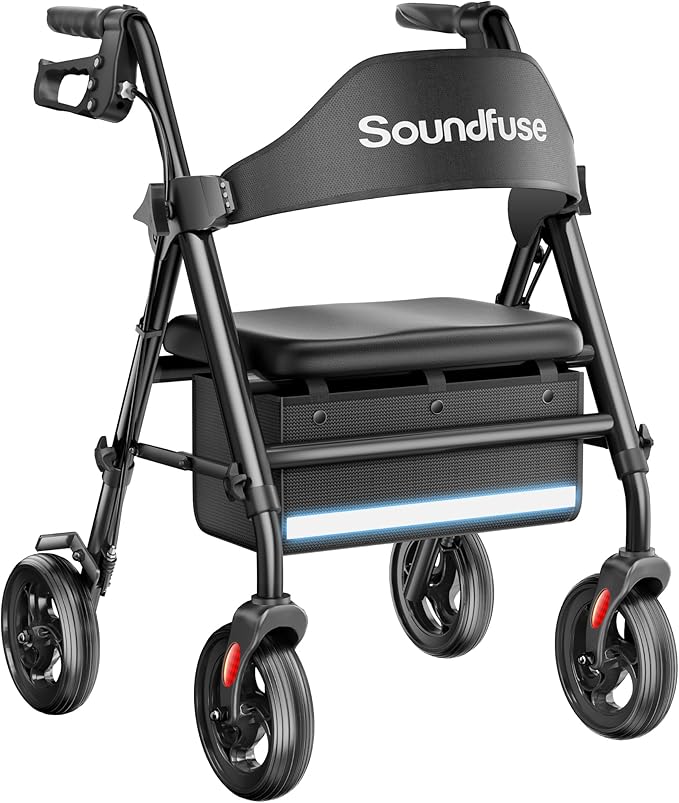 Rollator Walkers with Seat for Seniors, Foldable 8" Big Wheels All Terrain Rolling Walker, Handles and Ergonomic Seat Height Adjustable, 350 lb