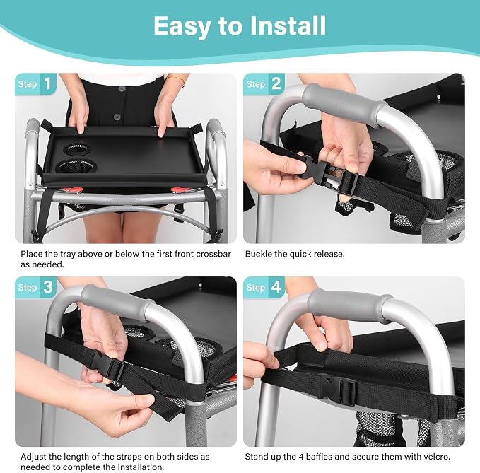 Walker Tray for Folding Walker, Trays for Walkers Detachable with Cup Holder,Walker Trays for Rolling Folding Walker,Walker Accessories for Elderly (Black Without Pockets with Baffles)