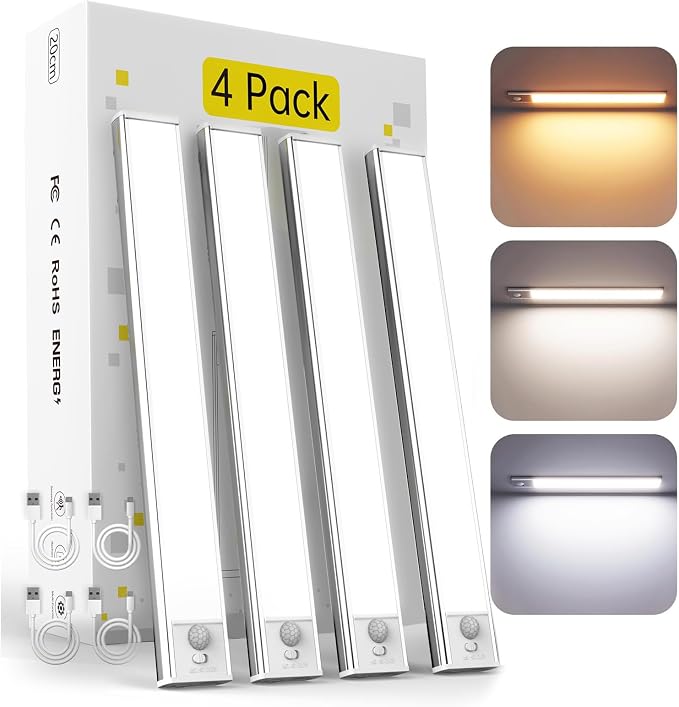 DAYBETTER 8inch Under Cabinet Lighting,4 Pack Motion Sensor Light Indoor | Rechargeable,3 Color Temps,5 Levels Dimmable Night Light,Magnetic Closet Lights,Wireless Under Counter Lights for Kitchen