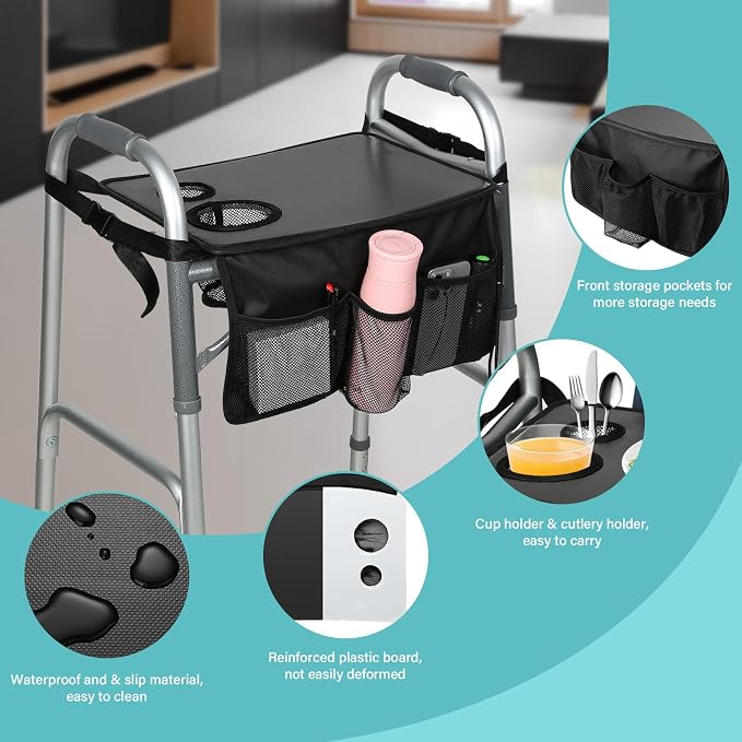 Walker Tray for Folding Walker, Trays for Walkers for Seniors Detachable with Cup Holder,Walker Trays for Rolling Folding Walker,Walker Accessories for Elderly