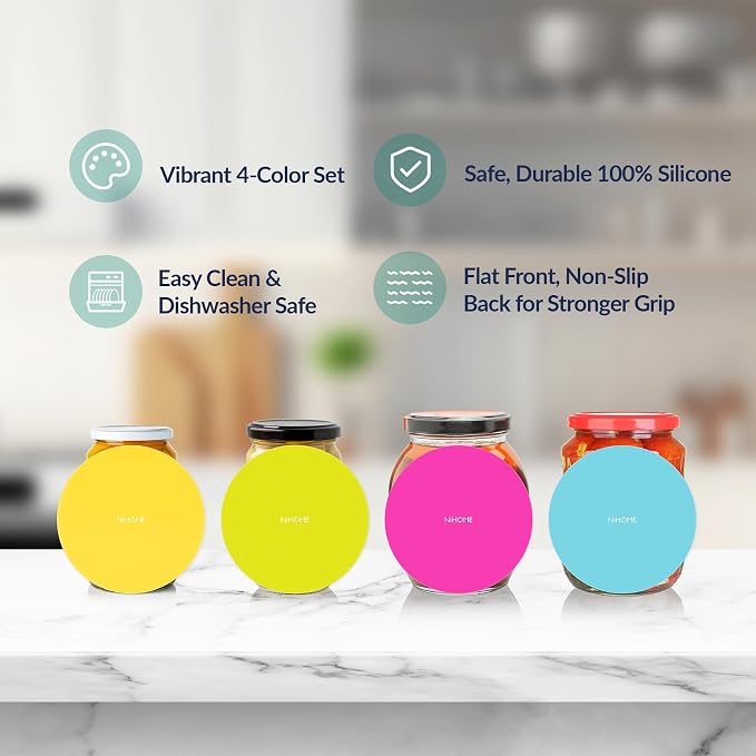 NIHOME Silicone Jar Opener – 6 Inch Large Anti-Slip Grip Pads, Premium 100% Food-Grade Silicone, Stylish Designer Colors, Multi-Purpose Heat-Resistant Mat & Coaster, Set of 4 (Fluorescent Colors)