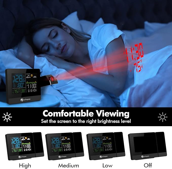 DR.PREPARE Projection Alarm Clock, Digital Clock Projector on Ceiling with Indoor/Outdoor Temperature Display, Dual Alarms, Colored Backlight, Weather Forecast, and Battery Backup for Bedroom