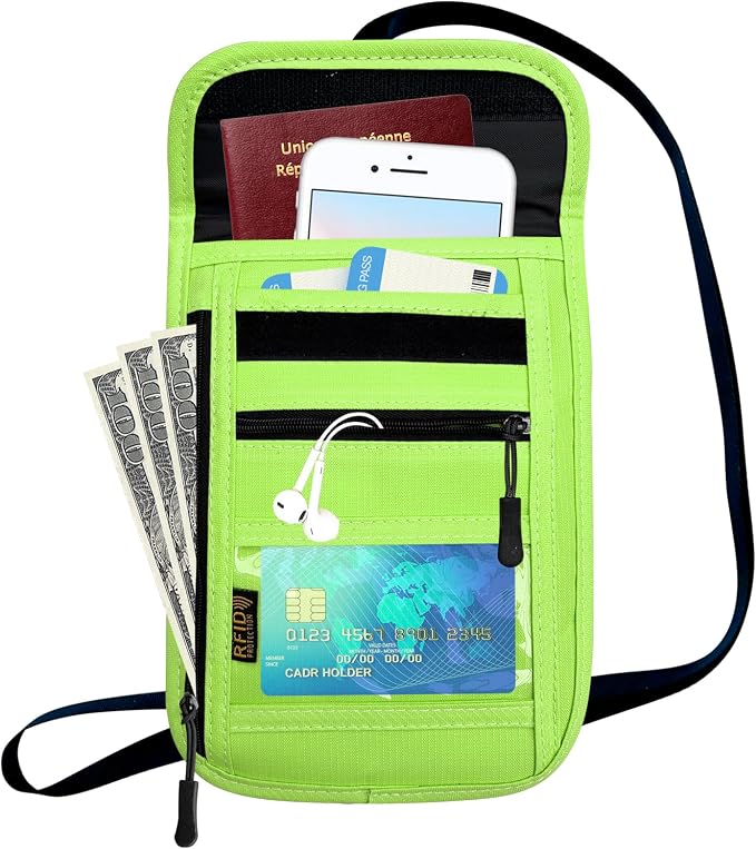 RFID Blocking Travel Neck Wallet Pouch and Passport Holder, Travel Neck Pouch Passport Holder for Women & Men - Green