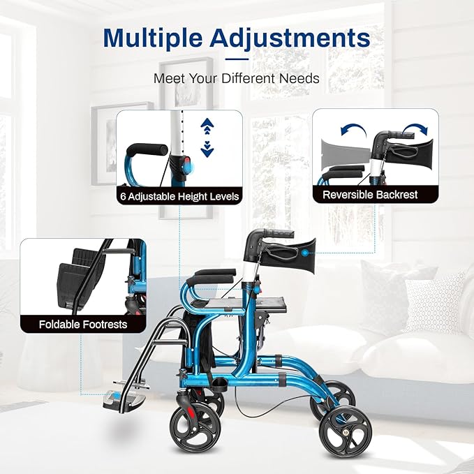 Goplus 2 in 1 Rollator Walker for Seniors, Medical Walker with Seat, Folding Transport Wheelchair Rollator with 8" Wheels, Reversible Backrest, Footrests, Aluminum Mobility Walking Aid (Blue)