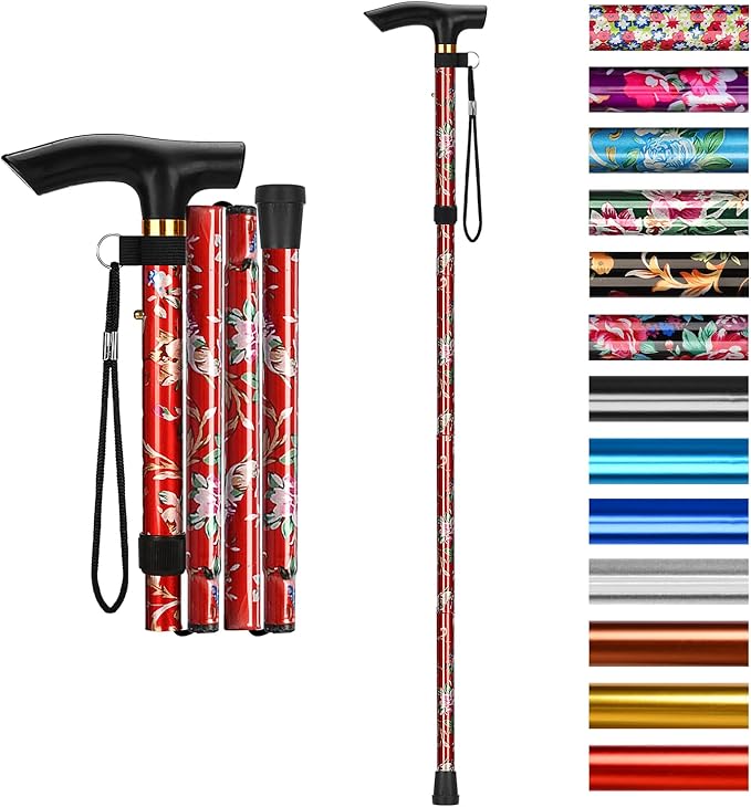 supregear Folding Cane, 5-Level Adjustable Height Walking Stick Lightweight Collapsible Portable Travel Cane with Wrist Strap and T Handle for Elderly Disabled Men Women