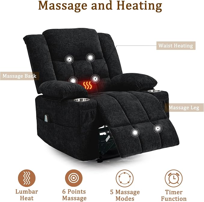 Korser Recliner Chair for Adults, Wall Hugger RV Recliner with Massage and Heating, Zero-Gravity Recliners, Electric Power Recliner Chair for Living Room, Bedroom, Home, Theater Seating (Black)