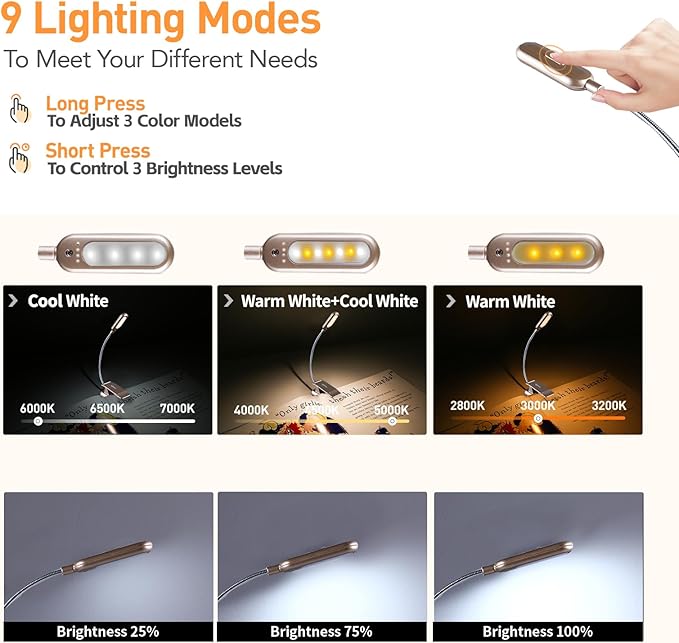 VAVOFO Rechargeable Book Light for Reading in Bed Kids, 7 LED Reading Light with 9-Level Warm Cool White Daylight, Eye Care Lamp with Power Indicator for Bookworms (Champagne Gold)
