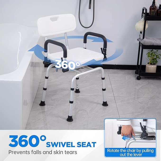 Swivel Shower Chair for Inside Bathing, Rotating Seat Medical Bath Chair With Backrest Pivoting Arms for Elderly and Disabled