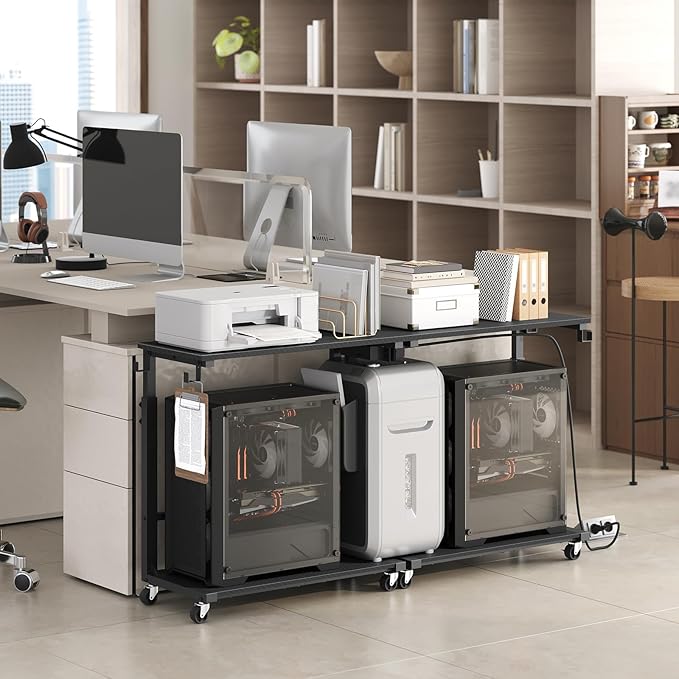 Computer Tower Stand with Power Outlet, Mobile PC Stand for Floor, Height Adjustable PC Holder Cart Under Desk, 26.6"-32.7" H, for Home Office, Gaming Room, Black PCHS216E01