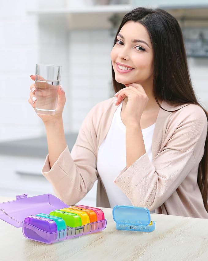 ZIKEE 7 Packs Extra Large Pill Organizer, Portable Pill Box 7 Day for Pocket, Purse, Weekly Pill Case with Dual-Protection Design, Pill Container for Medication, Vitamin, Fish Oil, Supplement, Purple